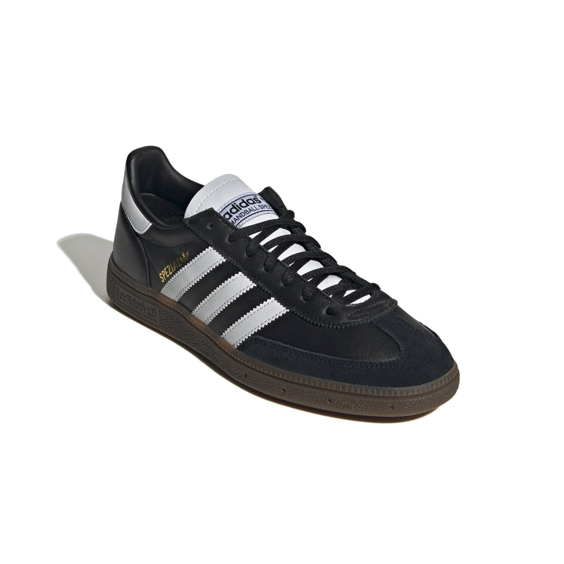 adidas Handball Spezial shoes featuring a sleek design with a T-shaped toebox, serrated 3-Stripes, soft leather upper, and gold foil details.
