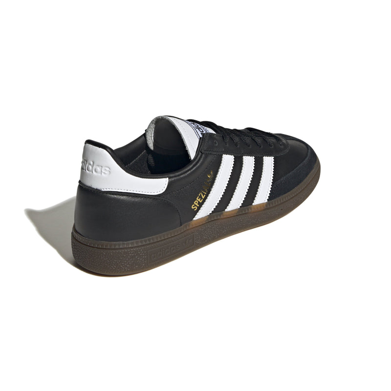 adidas Handball Spezial shoes featuring a sleek design with a T-shaped toebox, serrated 3-Stripes, soft leather upper, and gold foil details.