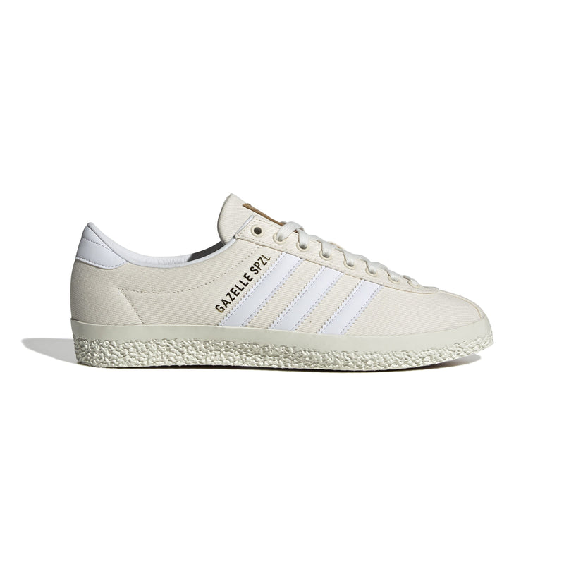 Gazelle shoes featuring a low-top design with a white denim upper, complemented by a leather lining for comfort and a rubber outsole for stability.