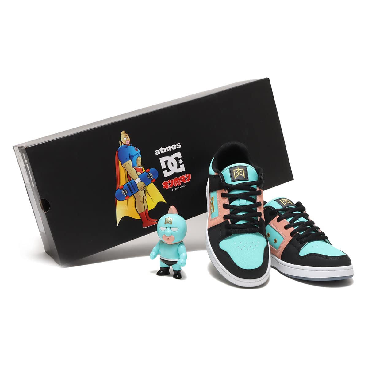 Triple collaboration between MANTECA, Kinnikuman, and atmos: Sneakers featuring iconic characters and a soft vinyl set in various colors