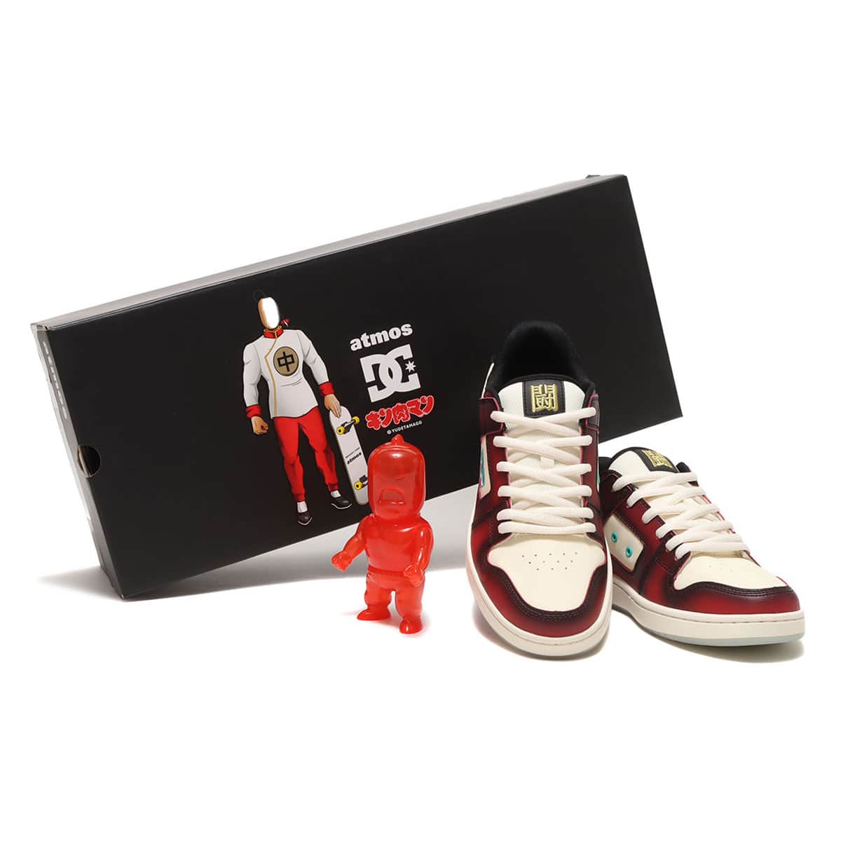 Triple collaboration between MANTECA, Kinnikuman, and atmos: Sneakers featuring iconic characters and a soft vinyl set in various colors