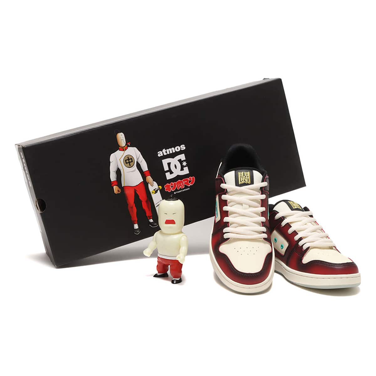 Triple collaboration between MANTECA, Kinnikuman, and atmos: Sneakers featuring iconic characters and a soft vinyl set in various colors