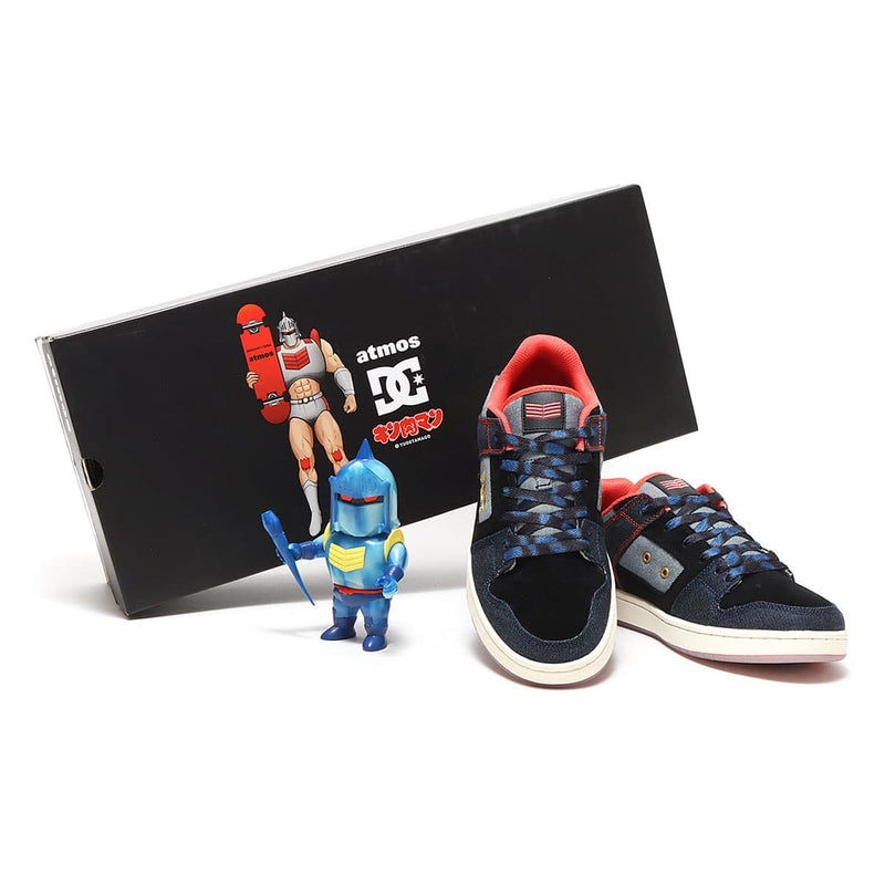 Triple collaboration between MANTECA, Kinnikuman, and atmos: Sneakers featuring iconic characters and a soft vinyl set in various colors